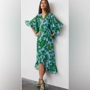 CAbi Derby Dress Light Blue & Green Flutter Sleeve True Wrap Midi Dress Small